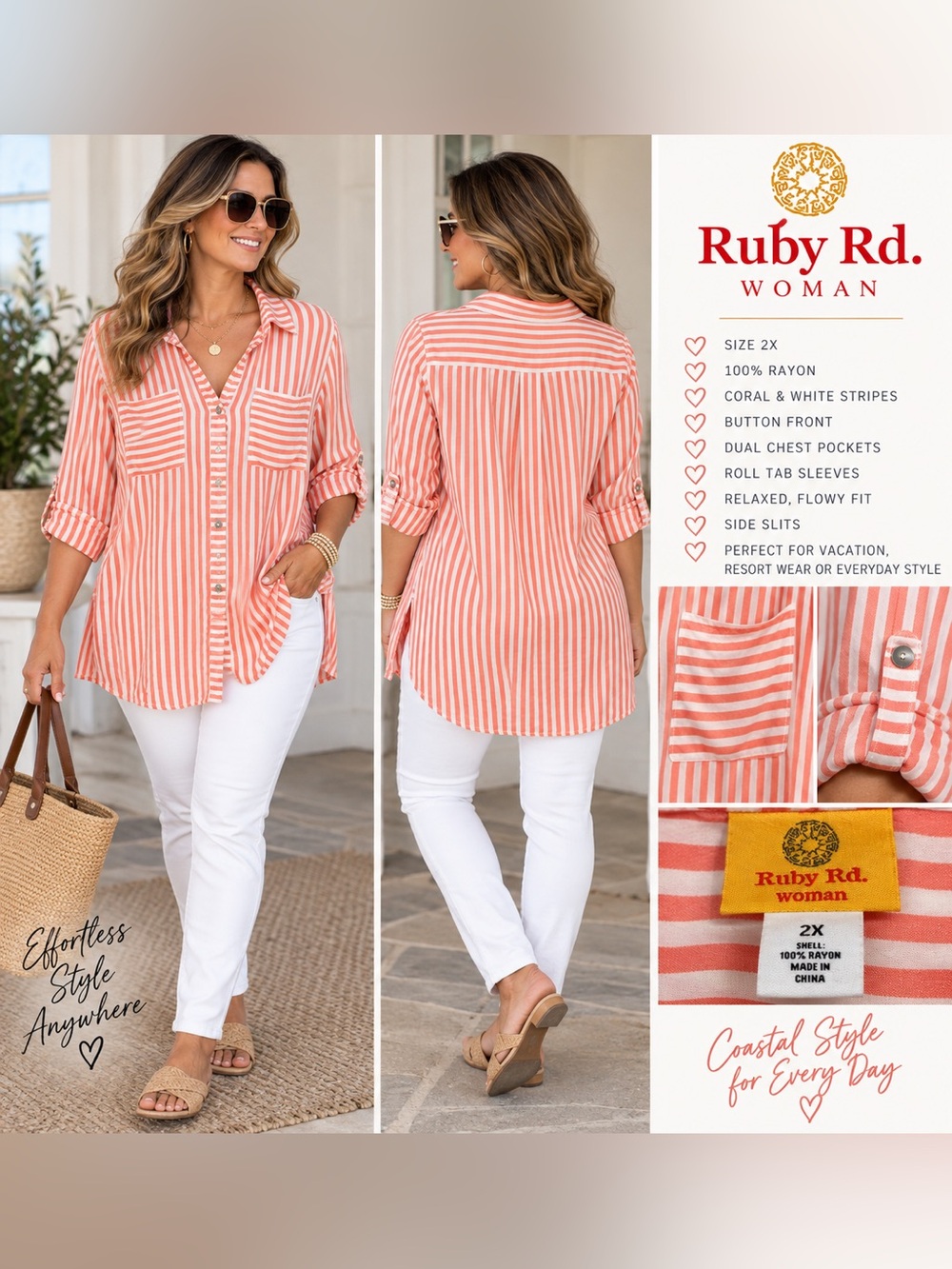 Ruby Rd Woman 2X Coral White Striped Rayon Tunic Button Down Coastal